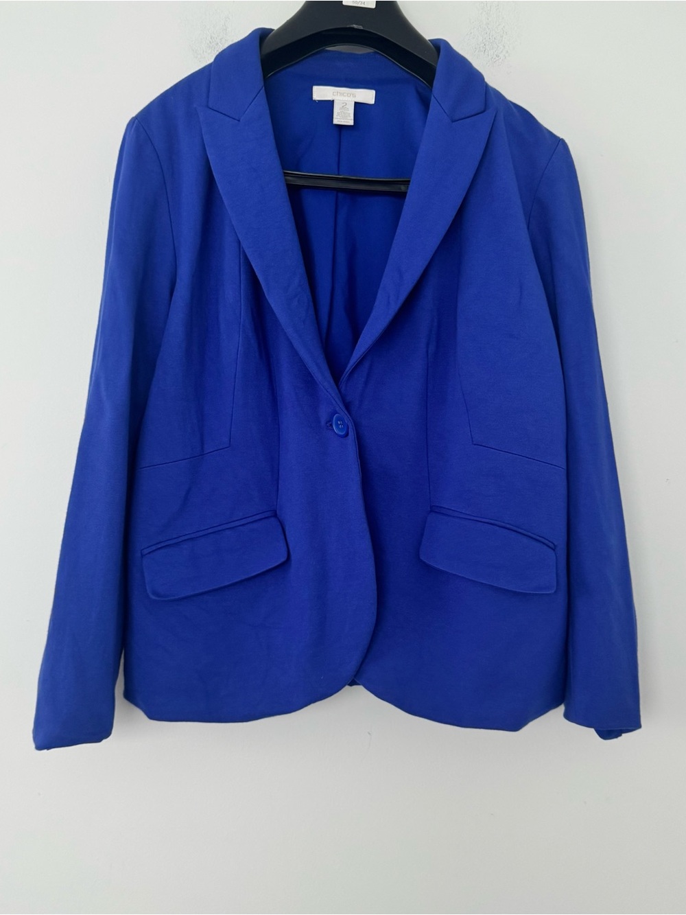 Chicos Cobalt Royal Blue Blazer Single Button Jacket Size 2 L Stretch Knit Work